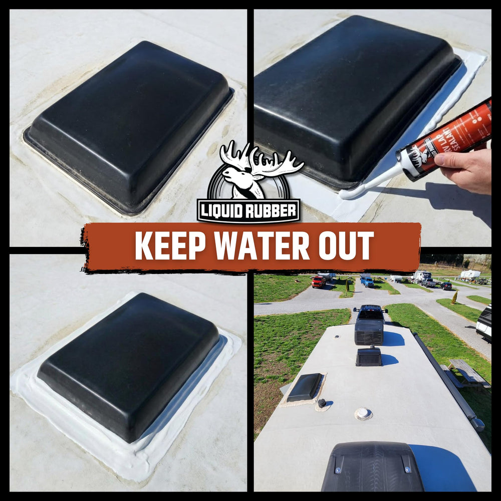 Liquid Rubber aplicación alrededor de una ventilación del techo de RV para evitar filtraciones