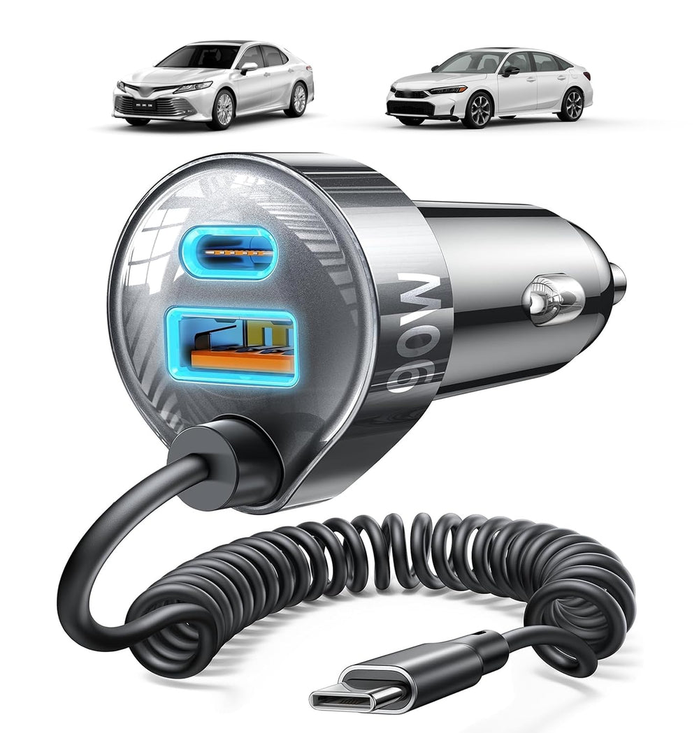 LISEN cargador coche frontal mostrando puerto USB-C y diseño compacto, carga rápida segura