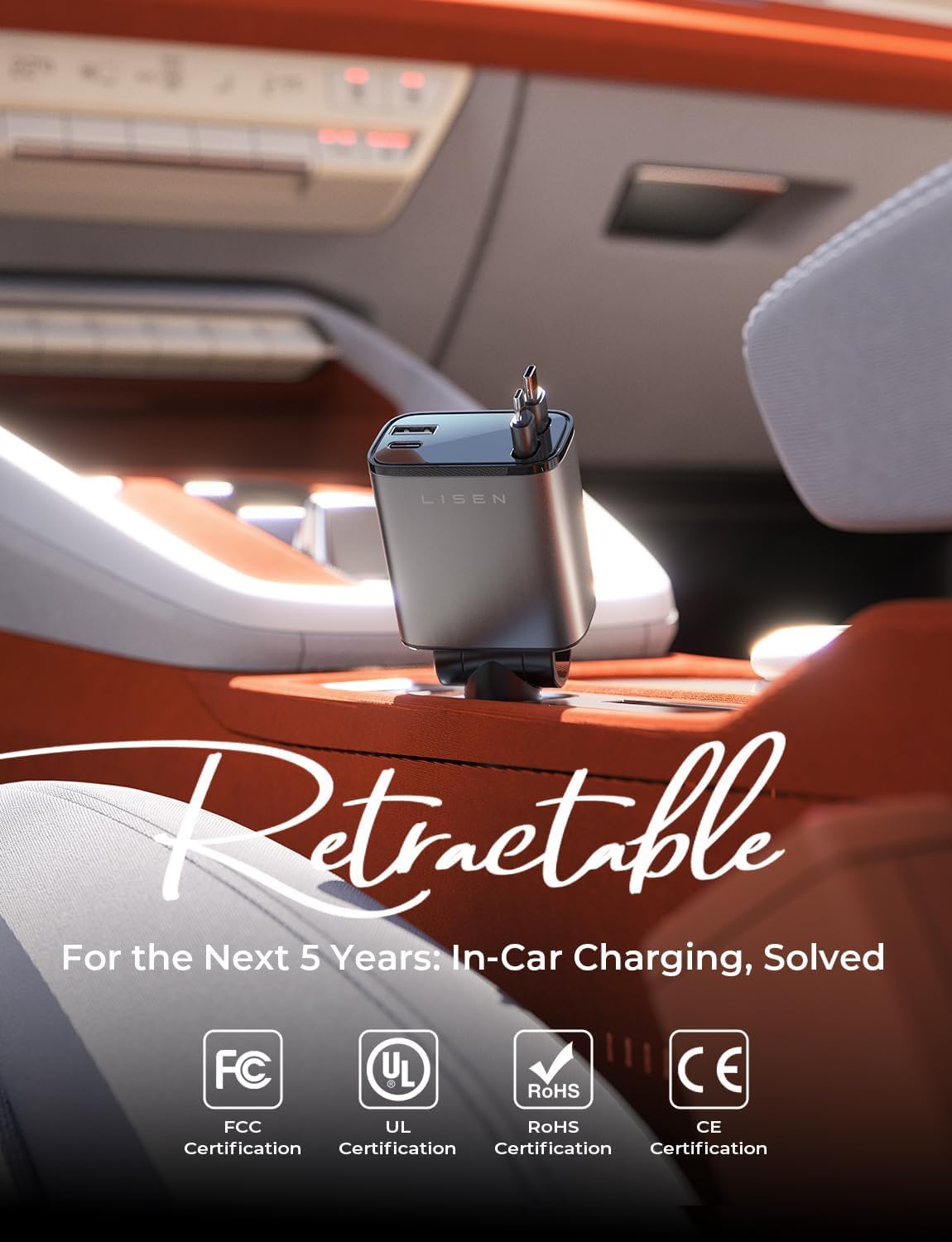 LISEN detalle de los dos cables retráctiles USB-C, evita enredos y desgaste