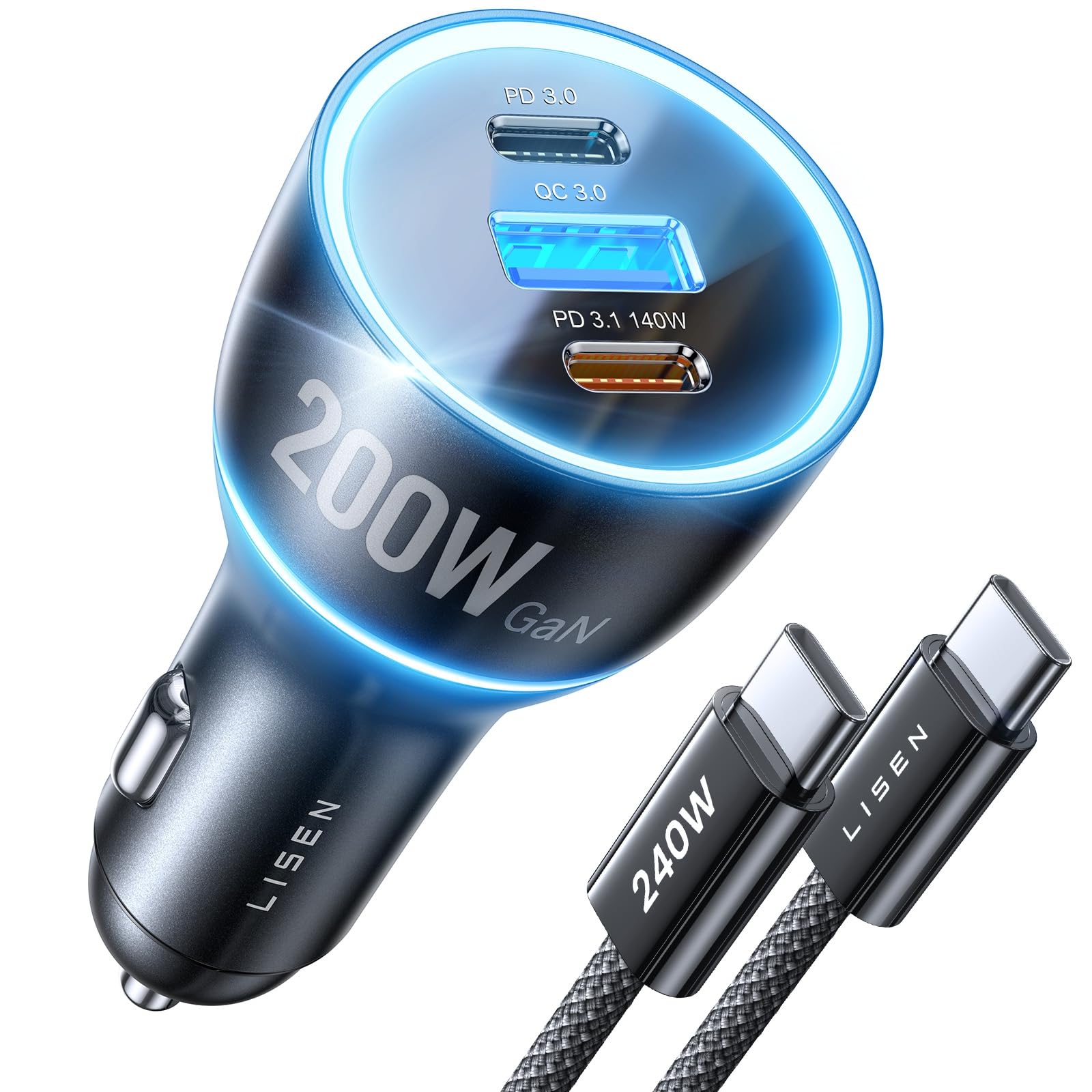 LISEN vista frontal del cargador mostrando puertos y diseño compacto