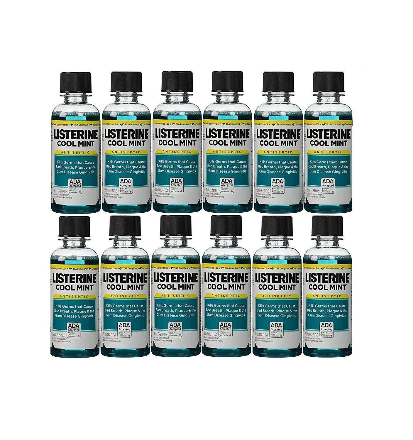 Listerine Cool Mint front view showing pack of twelve travel bottles for convenient freshness