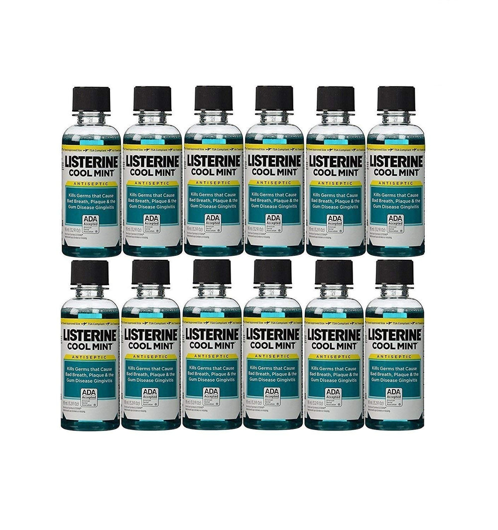Listerine Cool Mint front view showing pack of twelve travel bottles for convenient freshness