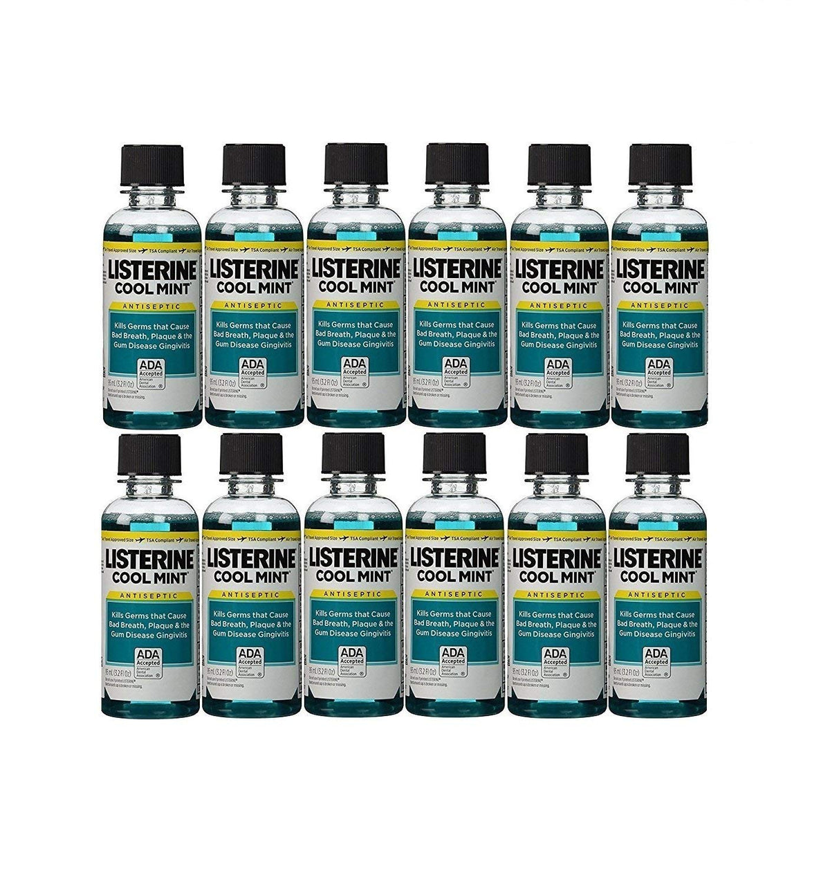 Listerine Cool Mint front view showing pack of twelve travel bottles for convenient freshness