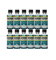 Listerine Cool Mint front view showing pack of twelve travel bottles for convenient freshness