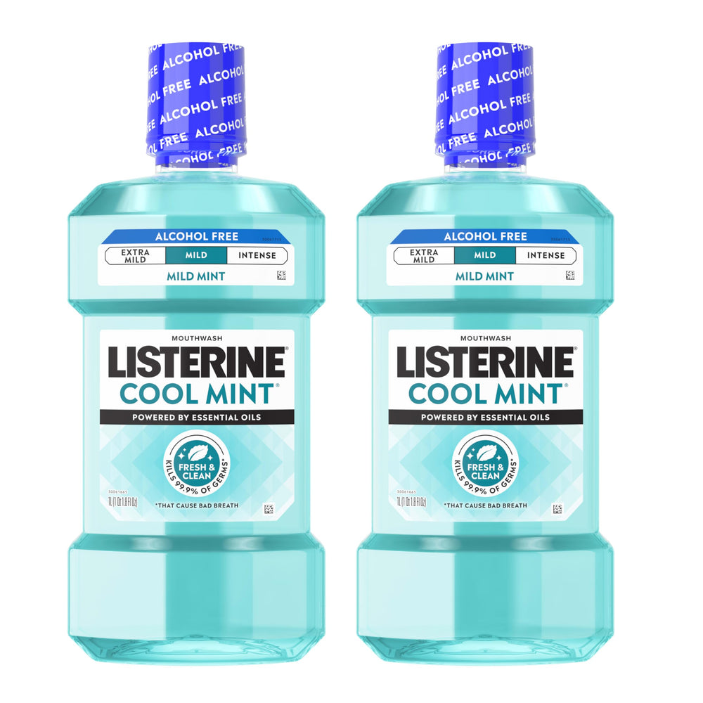 Listerine frasco frontal mostrando el envase y volumen para uso prolongado