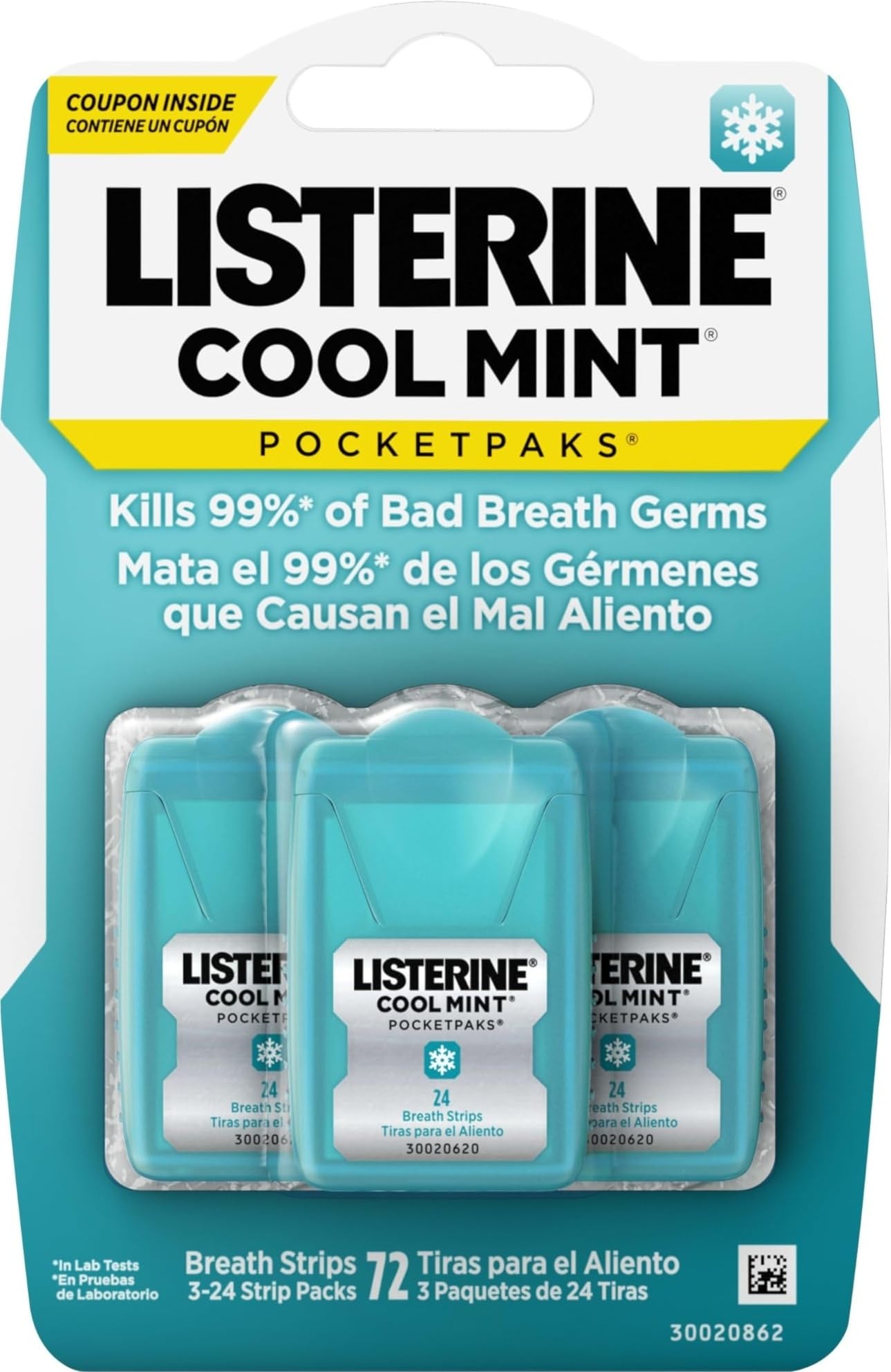 Listerine estuche frontal mostrando 24 tiras, práctico para llevar