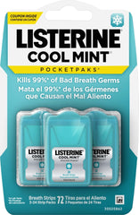 Listerine estuche frontal mostrando 24 tiras, práctico para llevar