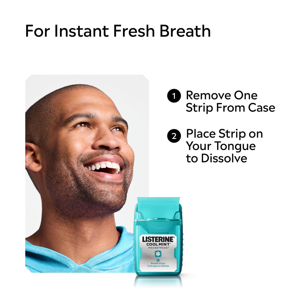 Tira Listerine colocada en la lengua, refresco bucal instantáneo