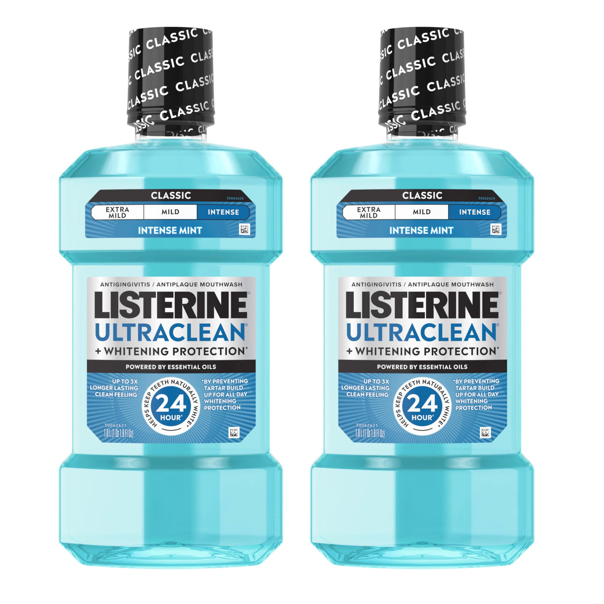Listerine botella frontal pack doble mostrando tamaño y beneficio conservación