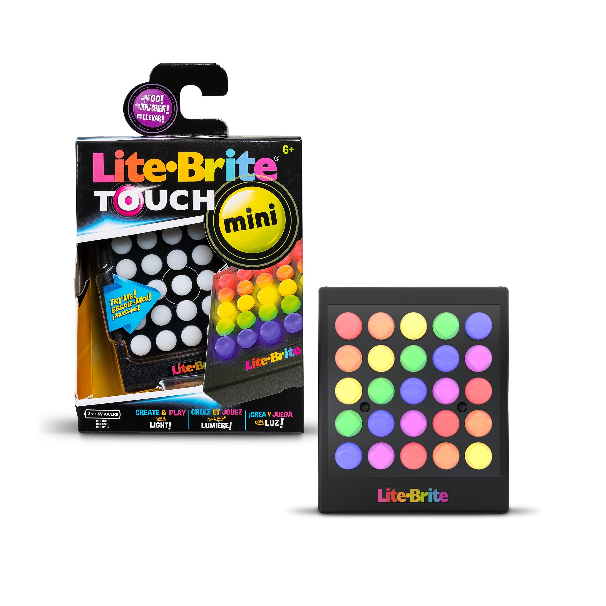 Lite Brite vista frontal con botones iluminados, muestra colores vibrantes