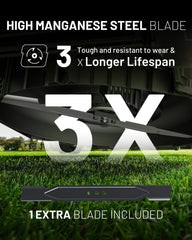 LiTHELi cutting deck detail highlighting 14-inch blade and durable construction benefit