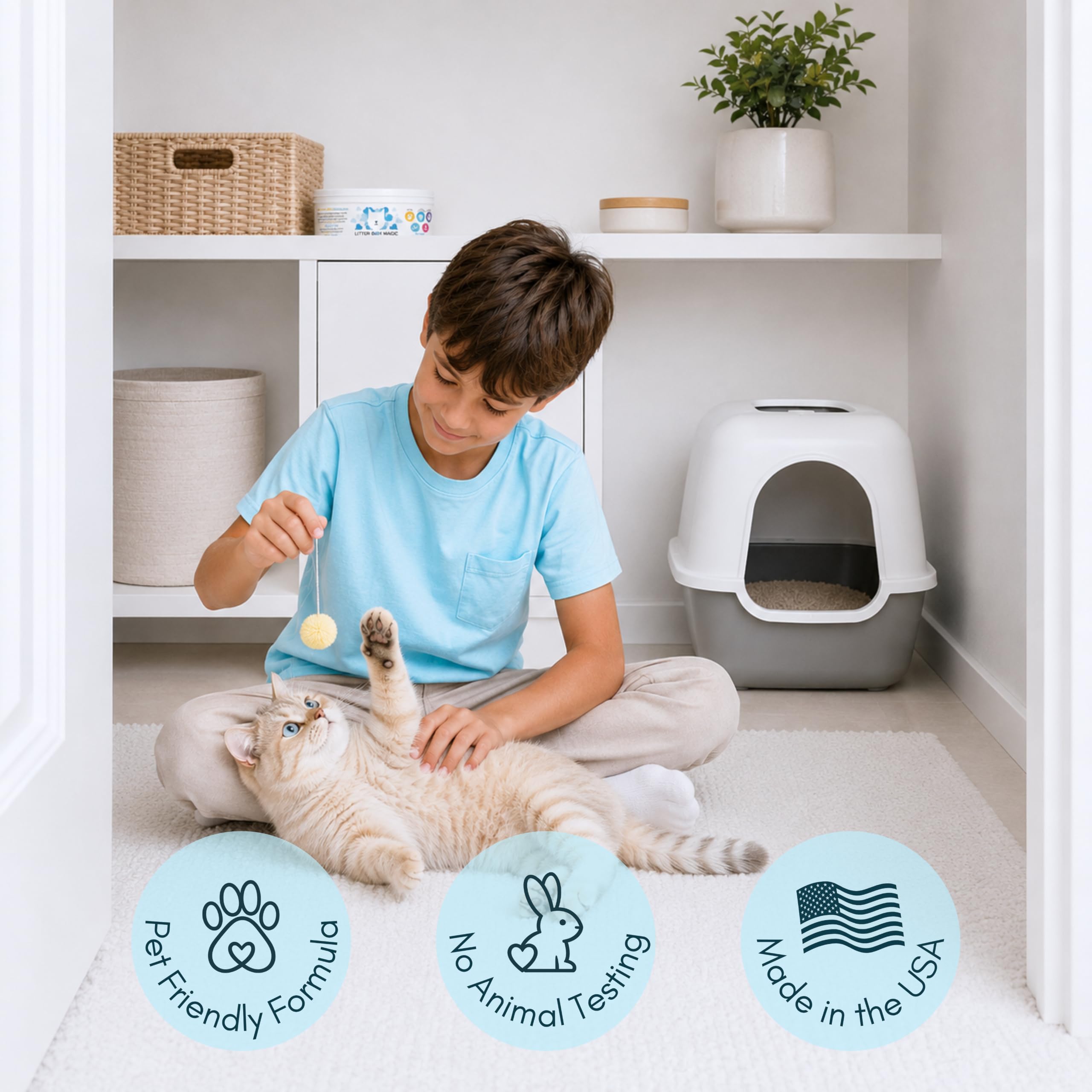 Litter Box Magic etiqueta legible con instrucciones y ventajas claras
