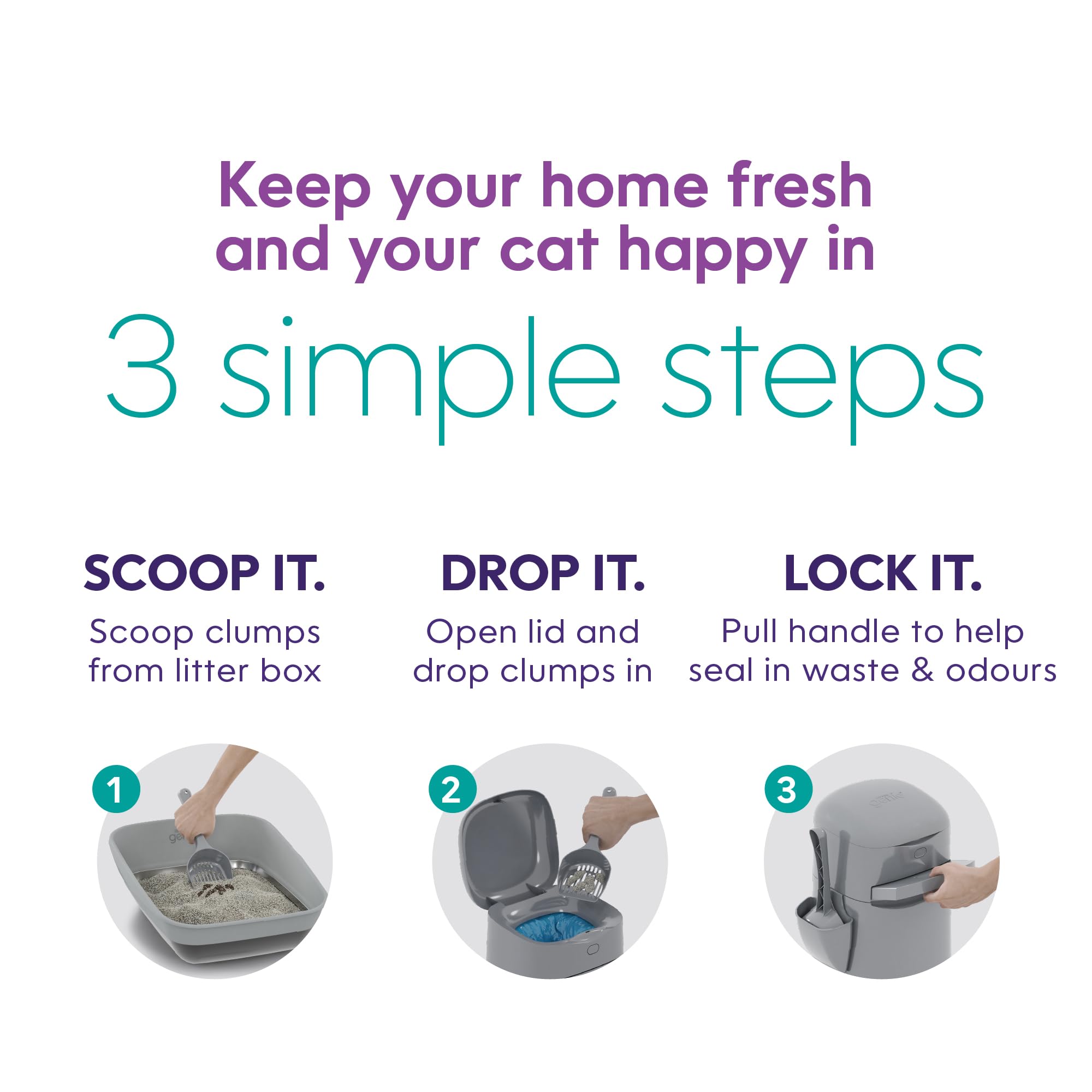 Litter Genie colocado junto al arenero en baño, solución discreta