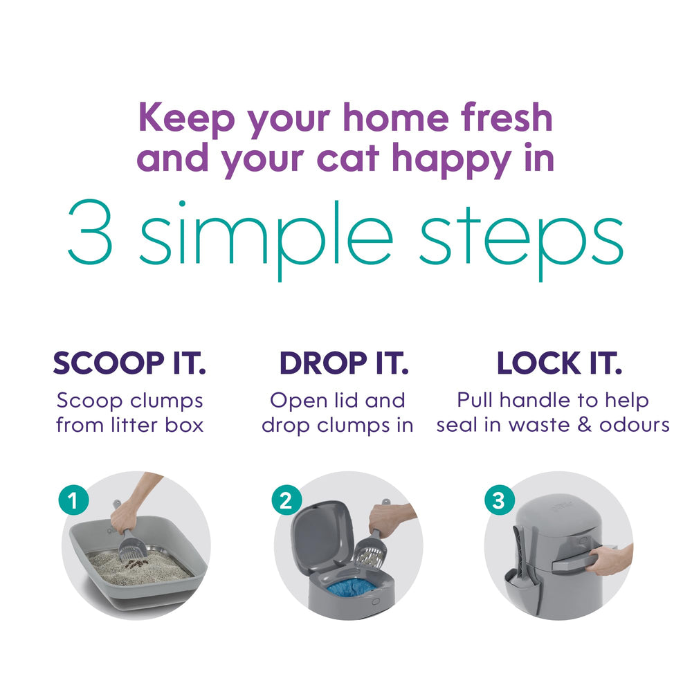 Litter Genie colocado junto al arenero en baño, solución discreta