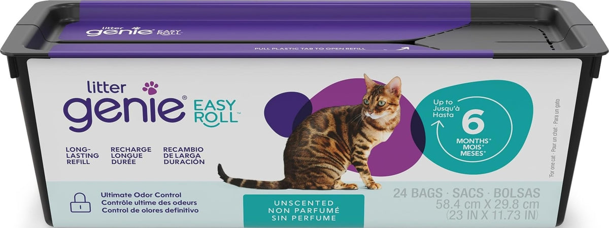 Litter Genie vista frontal del cassette mostrando 24 bolsas y comodidad