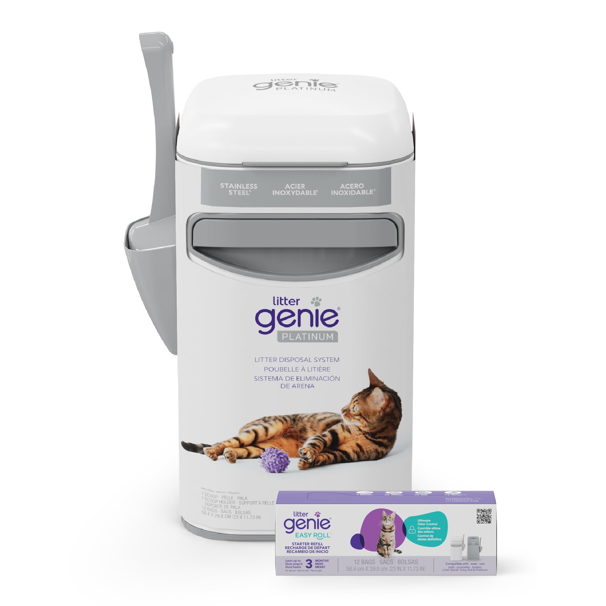 Litter Genie bote frontal en acero inoxidable que muestra diseño elegante y protección contra olores