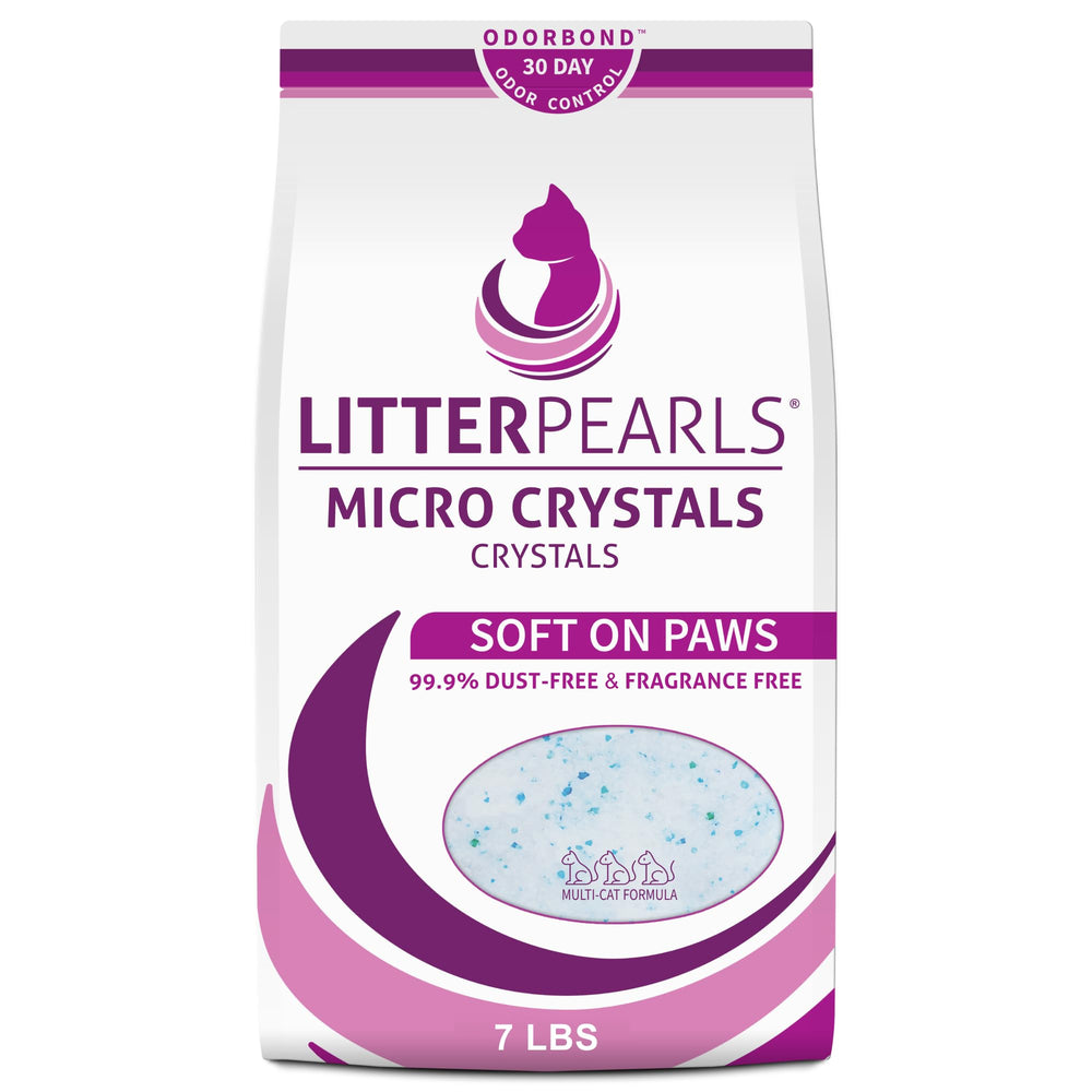 Litter Pearls frente del empaque mostrando bolsa de 7 lb y beneficios claros