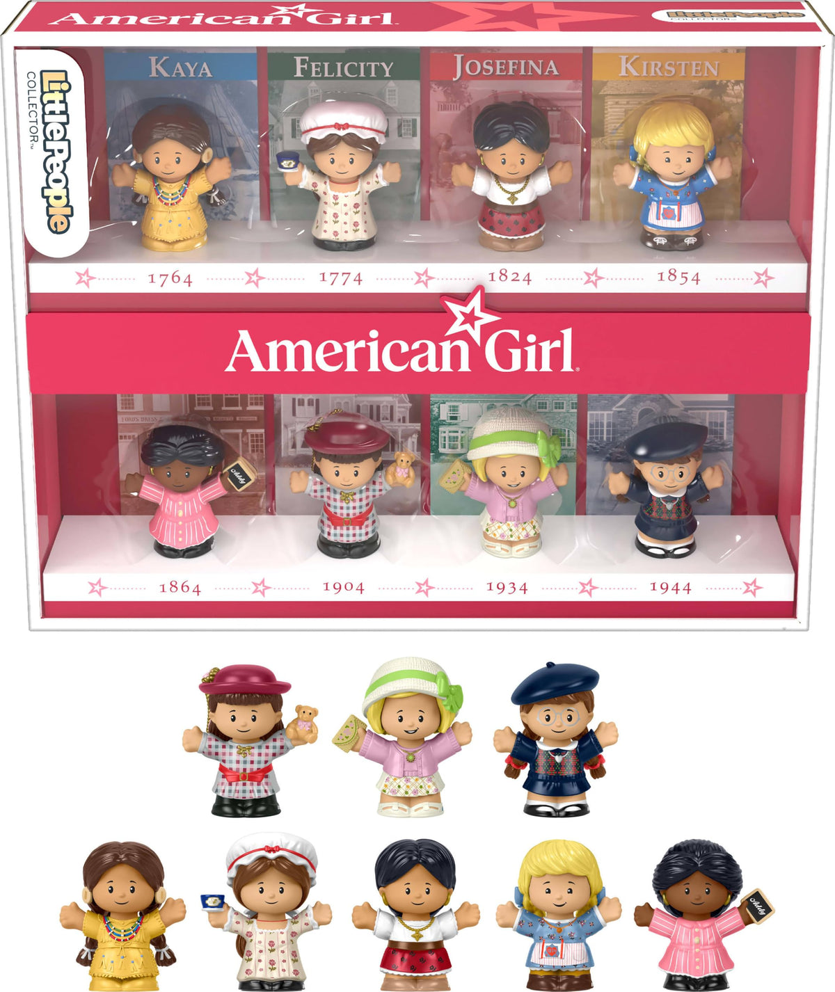 Little People COLLECTOR frente de caja con ventana mostrando las 8 figuras y detalle coleccionable