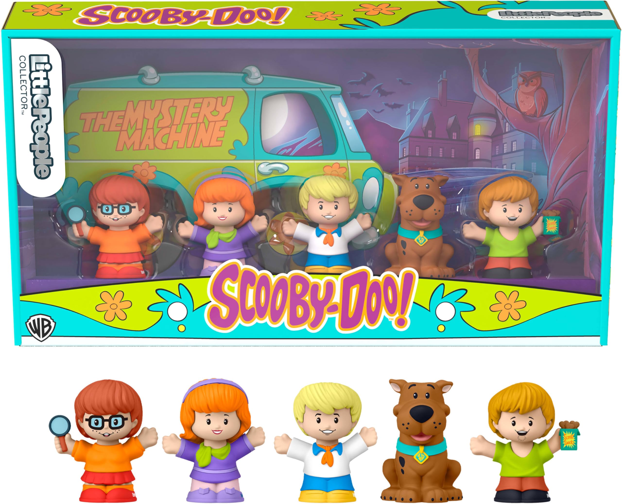 Little People COLLECTOR imagen frontal del paquete con ventana y Mystery Machine, ideal para exhibir