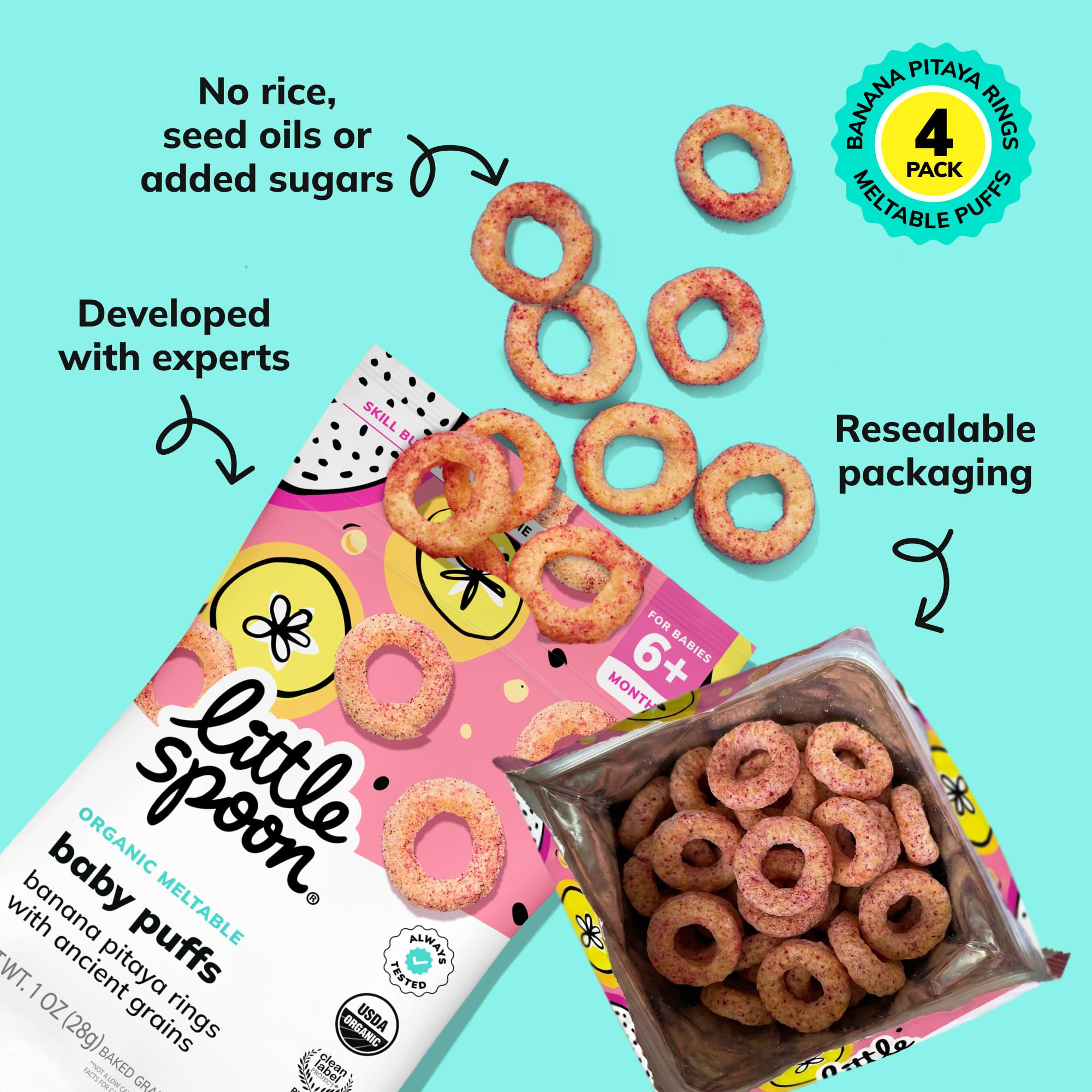 Little Spoon puffs en plato infantil mostrando presentación apetecible