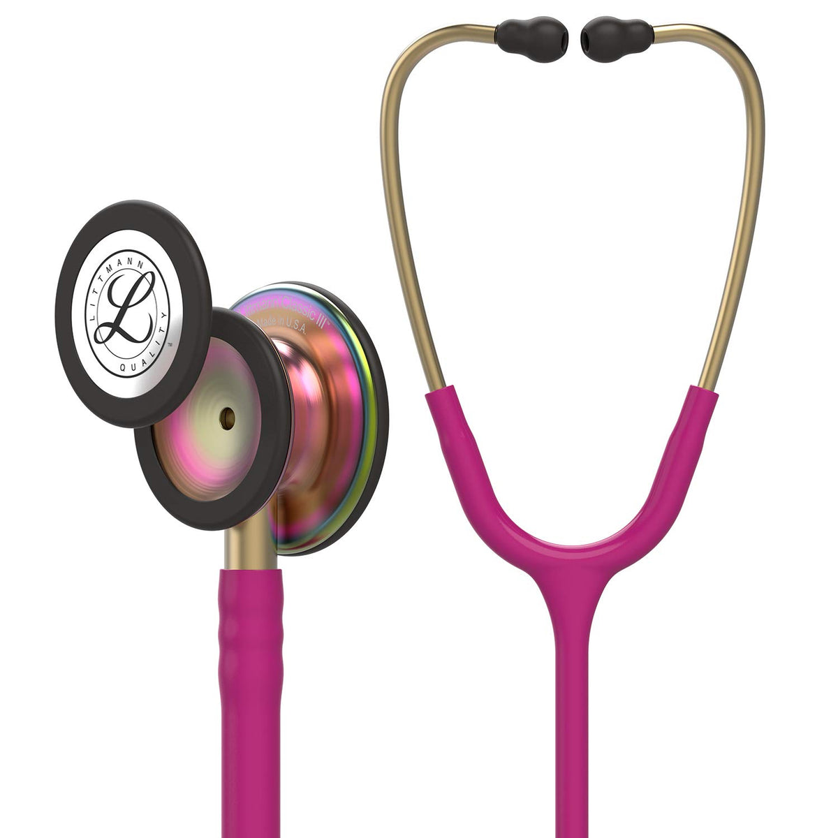 Littmann Classic III vista frontal mostrando pieza torácica y arnés cómoda
