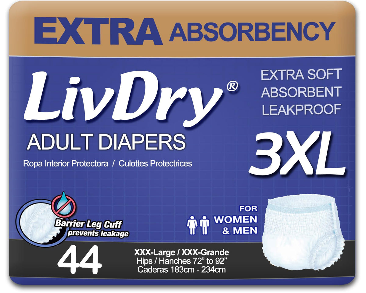 LivDry empaque frontal mostrando 44 unidades y diseño discreto