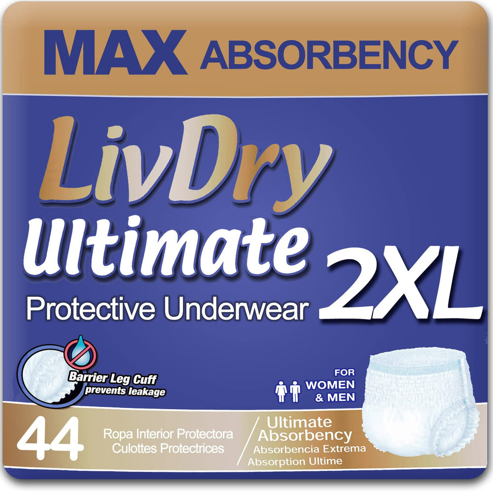 LivDry empaque frontal 44 unidades mostrando talla y beneficio de alta absorción