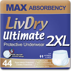 LivDry empaque frontal 44 unidades mostrando talla y beneficio de alta absorción