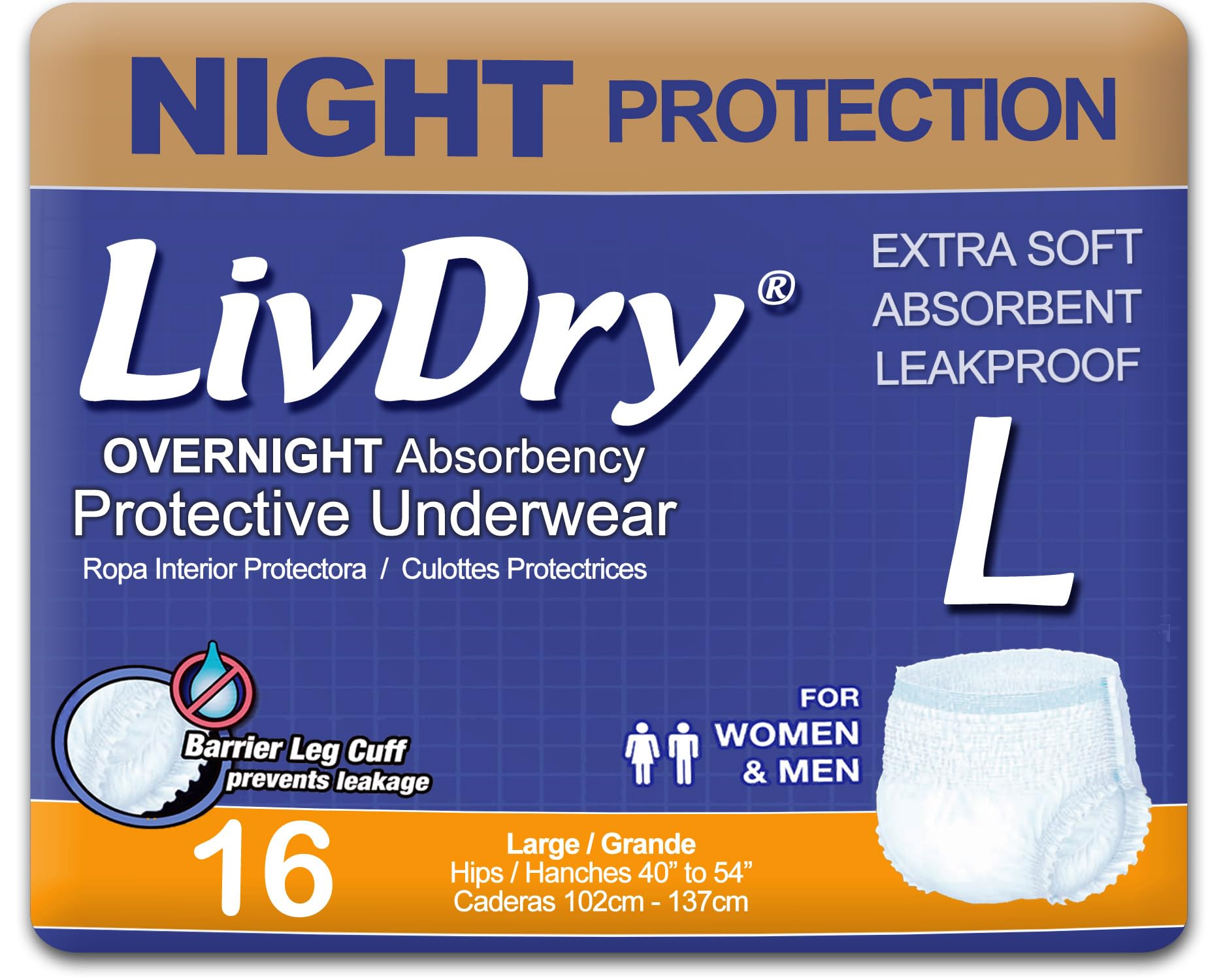 LivDry empaque frontal mostrando 16 unidades y ventaja nocturna