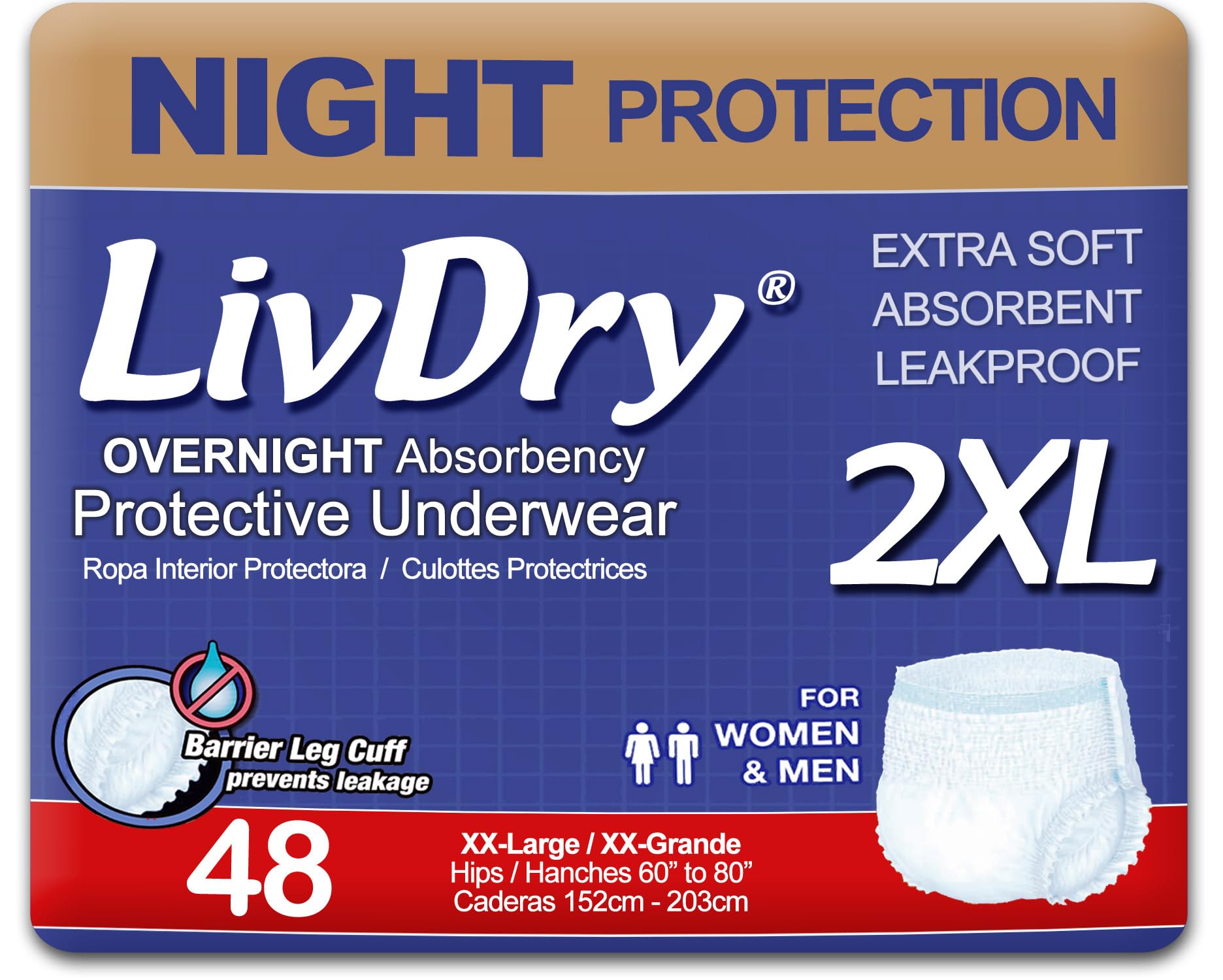 LivDry paquete frontal 48 unidades mostrando talla y beneficio de alta absorción