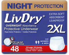LivDry paquete frontal 48 unidades mostrando talla y beneficio de alta absorción