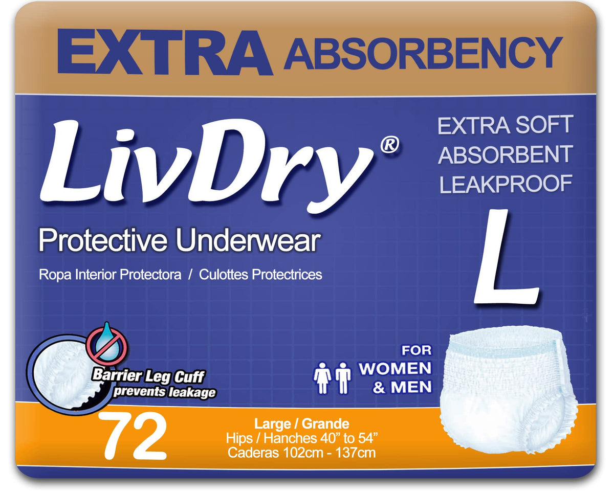 LivDry empaque frontal del paquete de 72 unidades mostrando talla Large y beneficios visibles