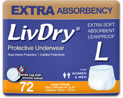 LivDry empaque frontal del paquete de 72 unidades mostrando talla Large y beneficios visibles