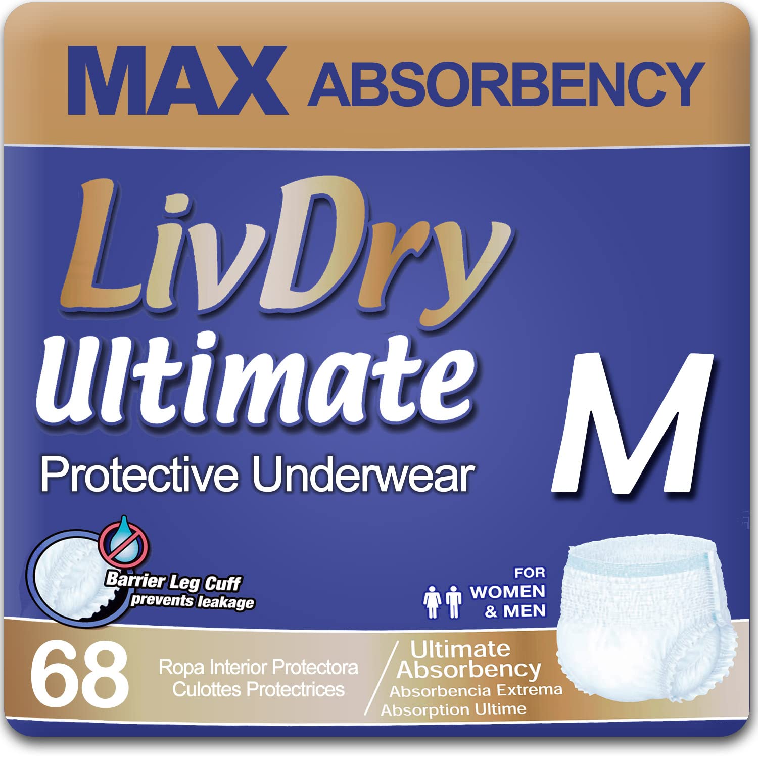 LivDry paquete frontal mostrando 68 unidades y conveniencia