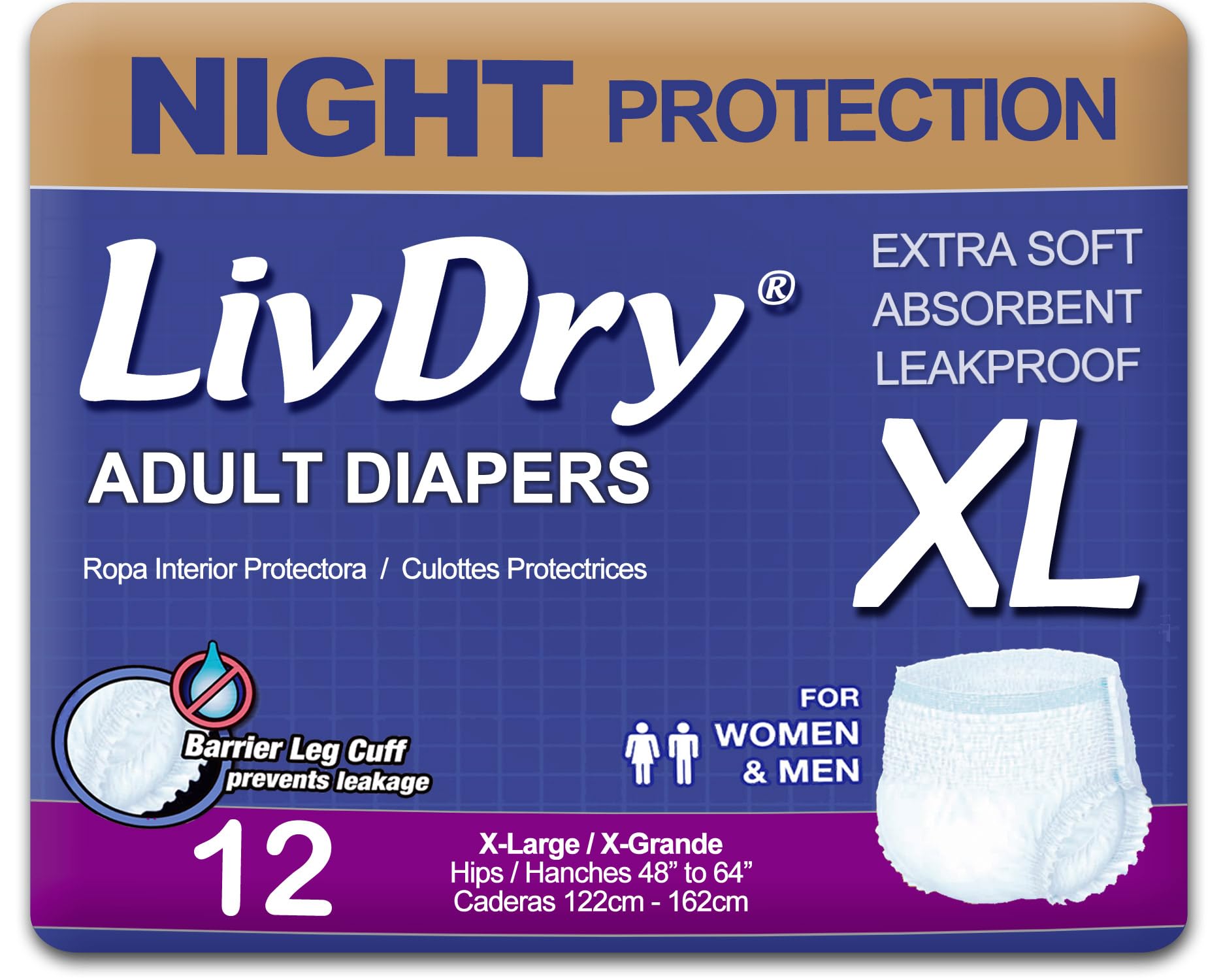 LivDry empaque frontal mostrando la talla X‑Large y 12 unidades para protección nocturna