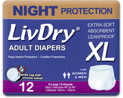 LivDry empaque frontal mostrando la talla X‑Large y 12 unidades para protección nocturna