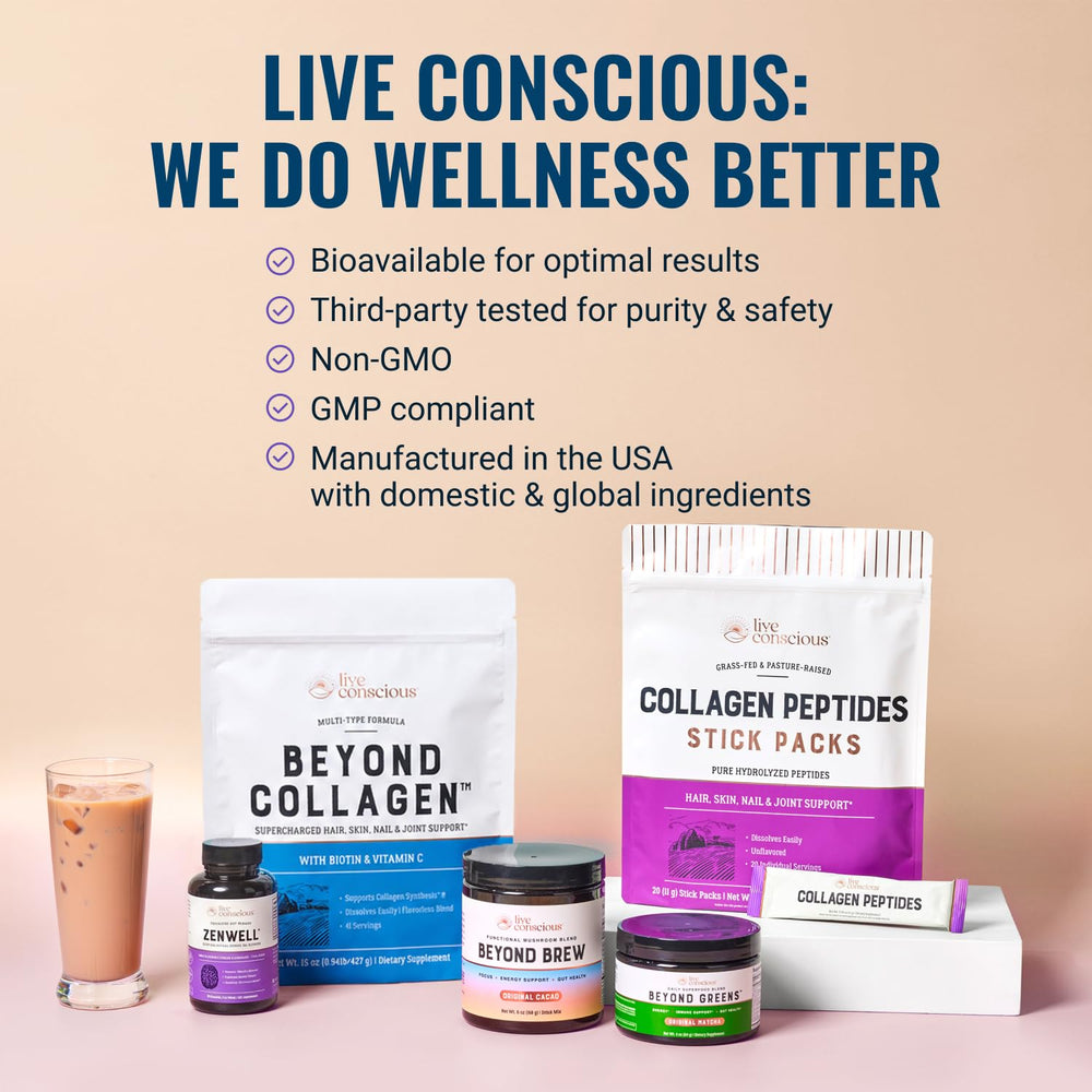 Live Conscious ingredientes KSM-66 y L-teanina juntos destacando sinergia