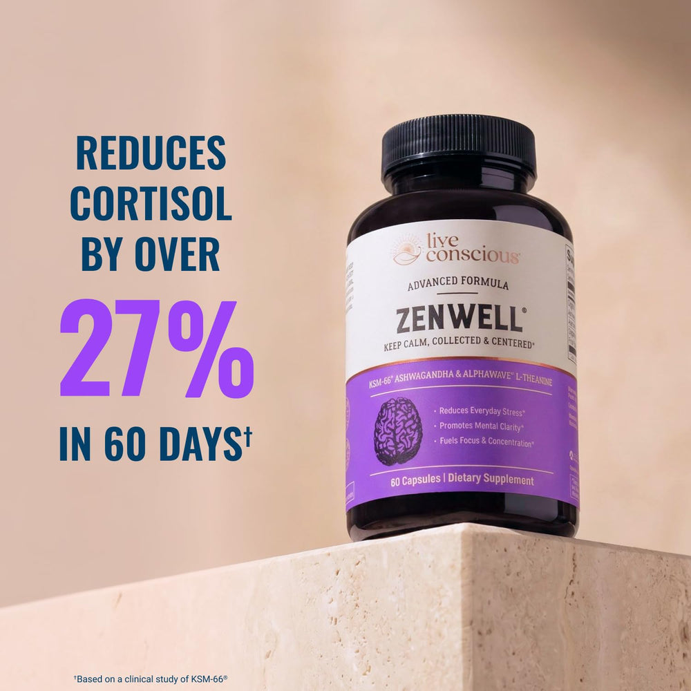 Live Conscious producto ZenWell en mesa de trabajo transmitiendo enfoque relajado