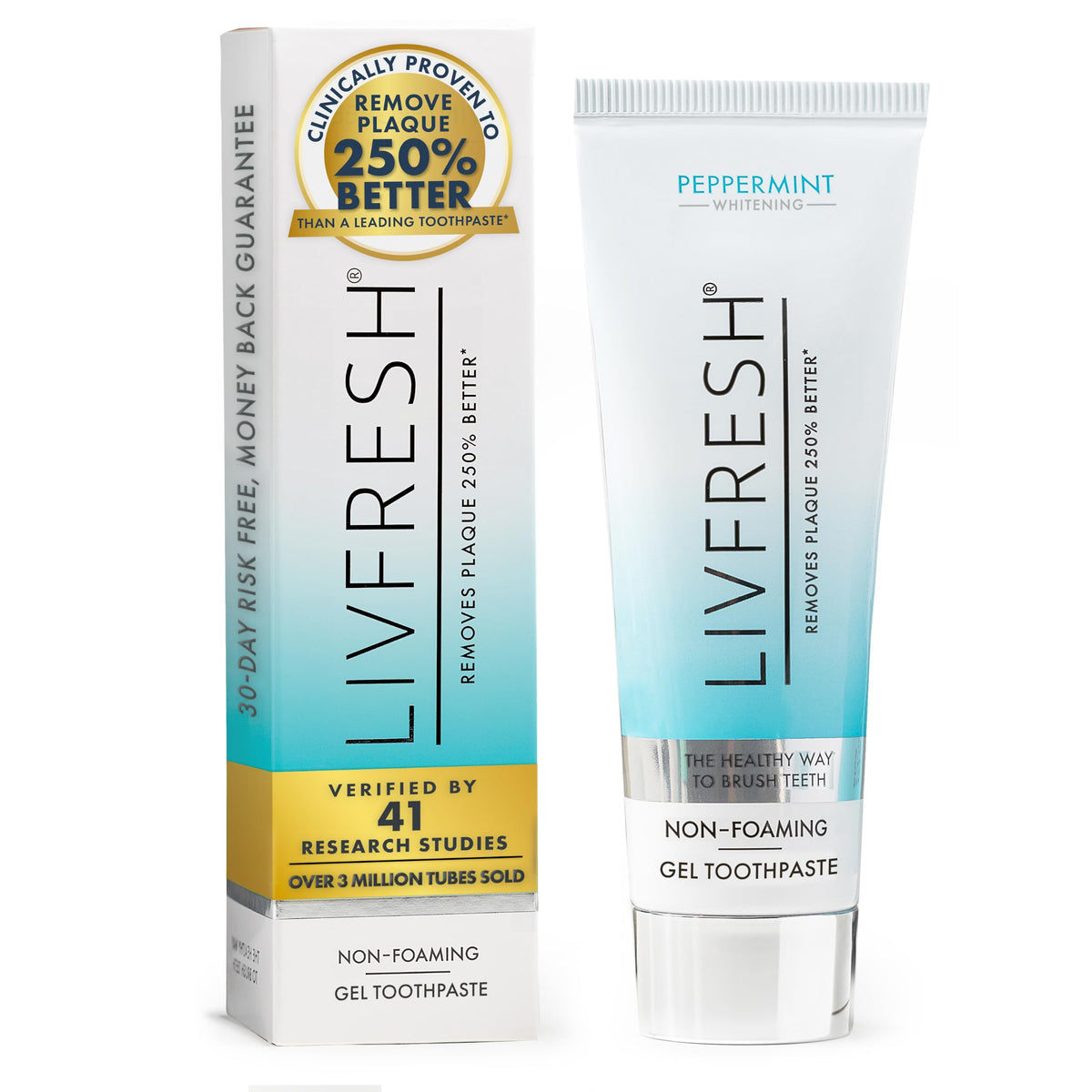 LIVFRESH envase frontal mostrando gel y menta, limpieza profunda