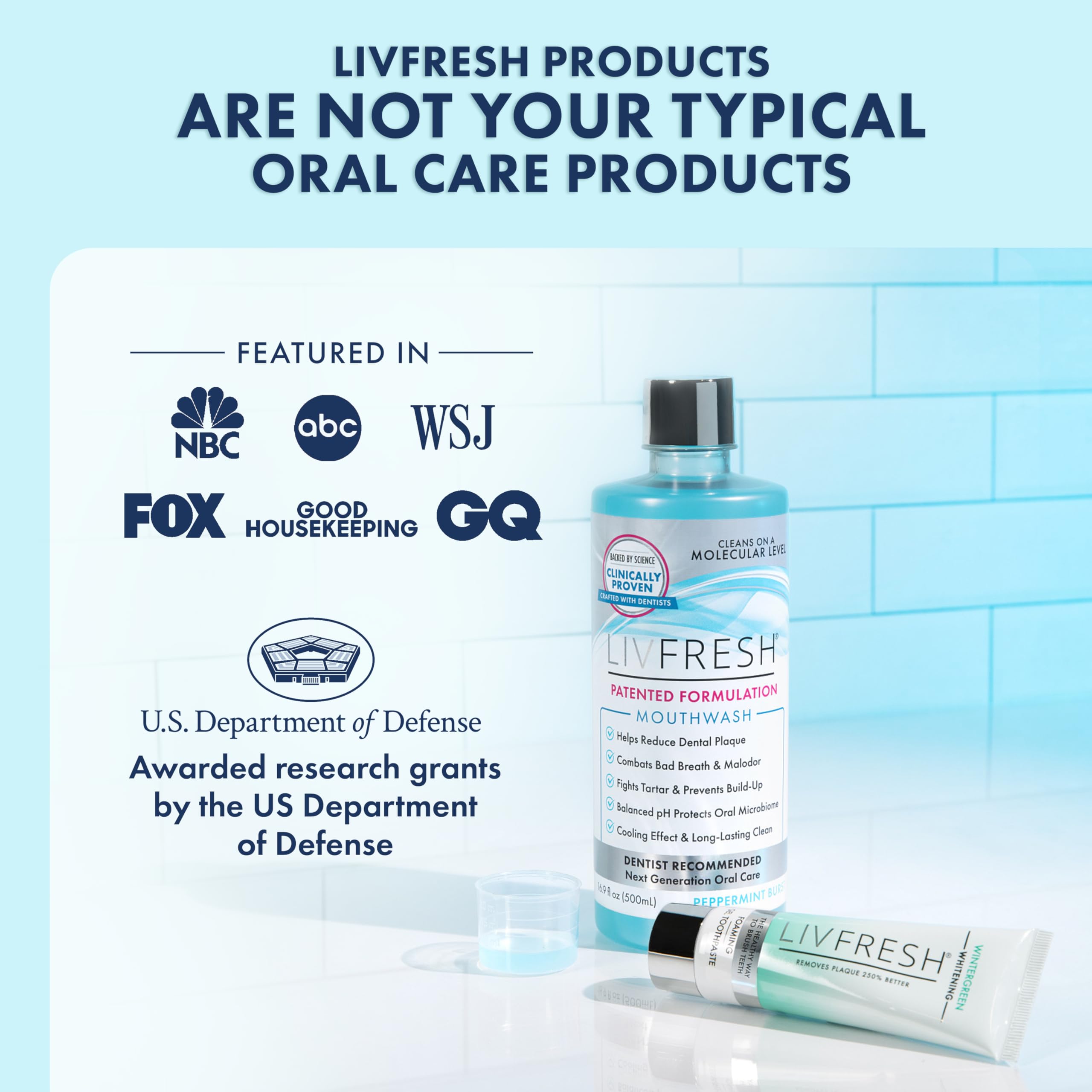 LIVFRESH presentación en baño junto a cepillo, ideal para rutina diaria