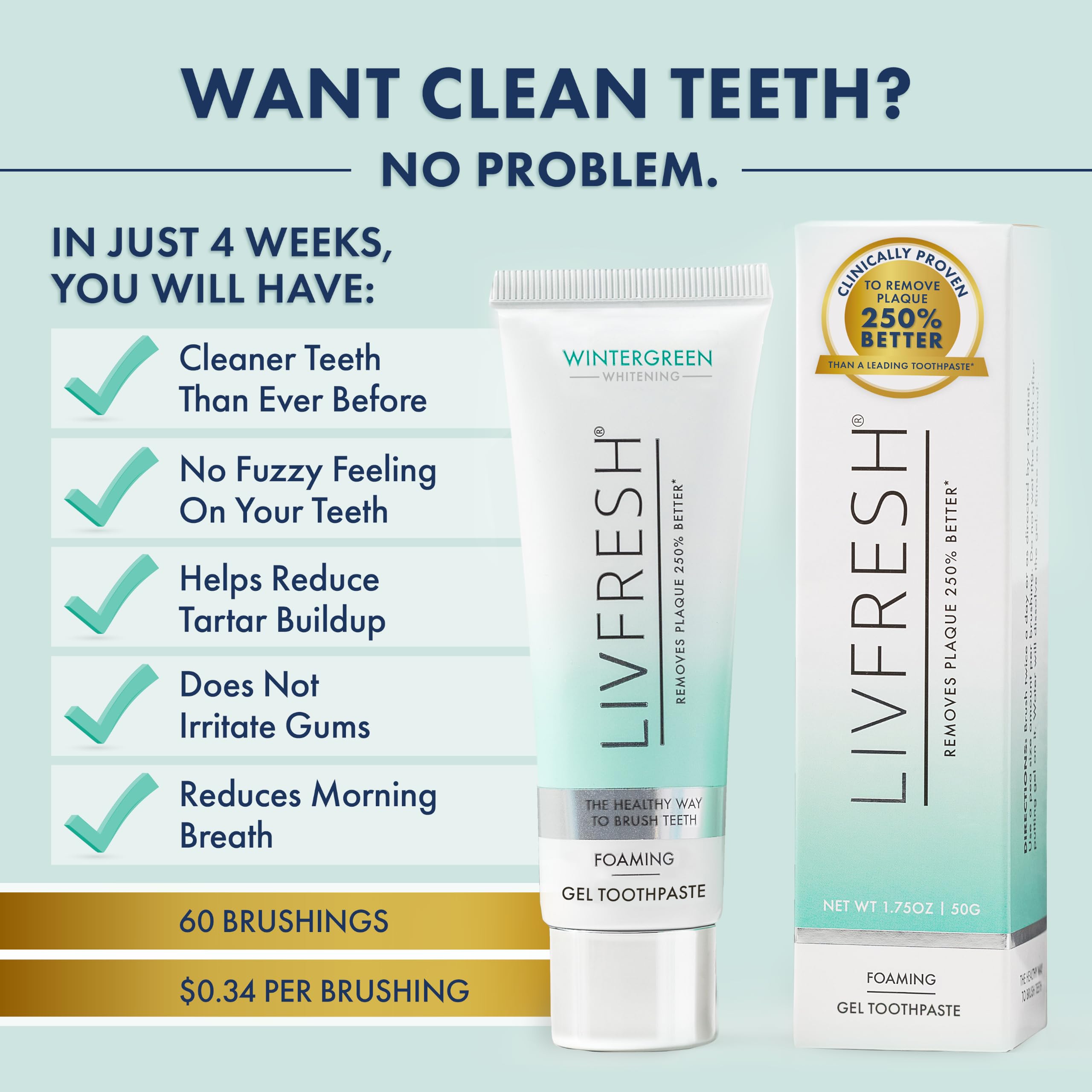 LIVFRESH primer plano de gel con burbujas que destaca fórmula no abrasiva y refrescante