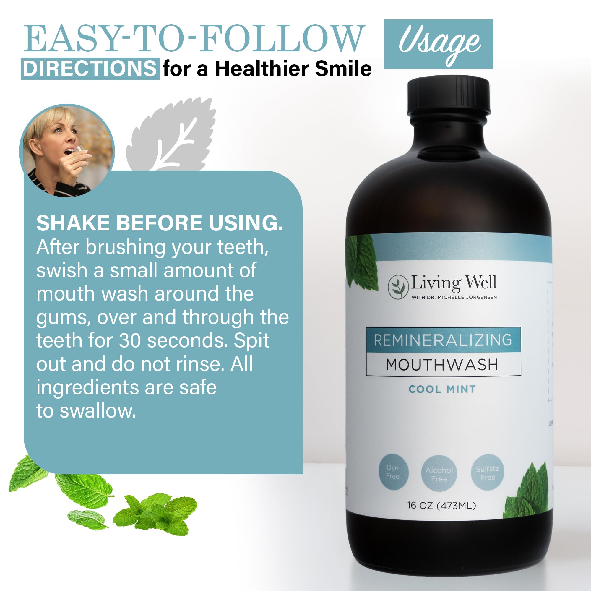 Living Well botella con hojas de menta y flores, resaltando ingredientes naturales