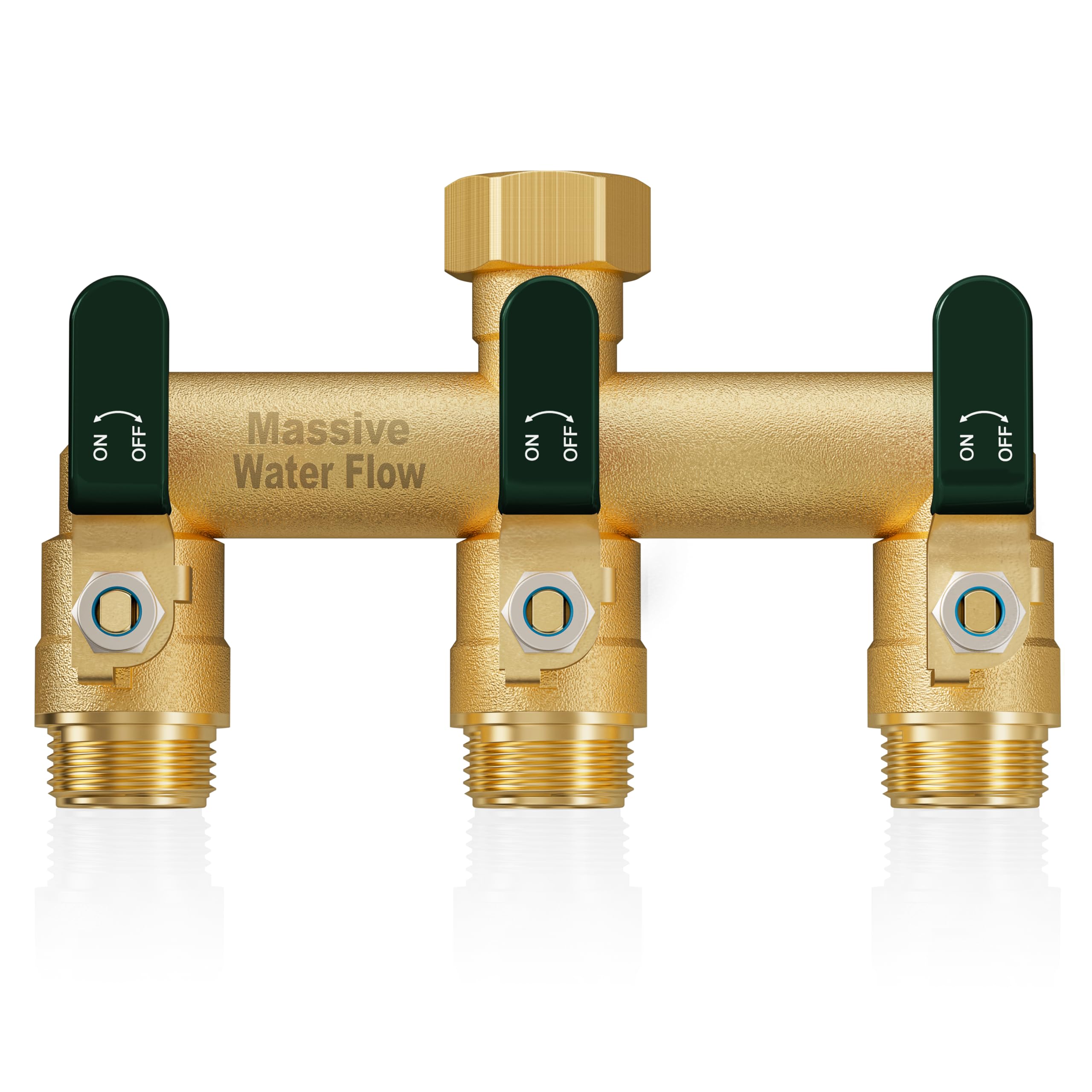 LNEZCDB front view of brass splitter showing three outlets and inlet for versatile connections