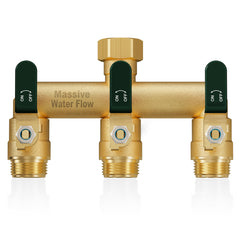 LNEZCDB front view of brass splitter showing three outlets and inlet for versatile connections