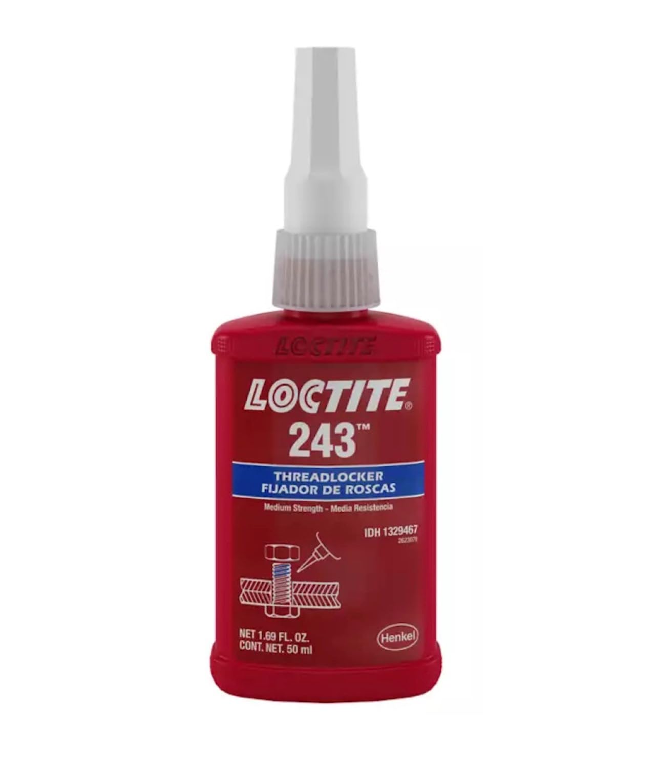 Loctite 243 frente del envase mostrando botella azul y dosis conveniente
