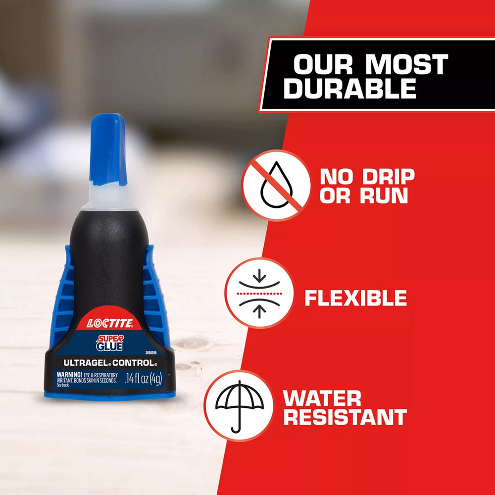 Loctite junto a regla y objetos para comparar escala del envase