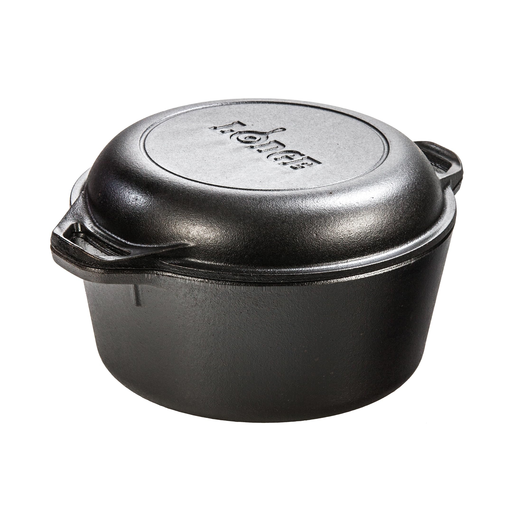 Lodge Double Dutch Oven vista frontal y diseño robusto, cocción versátil