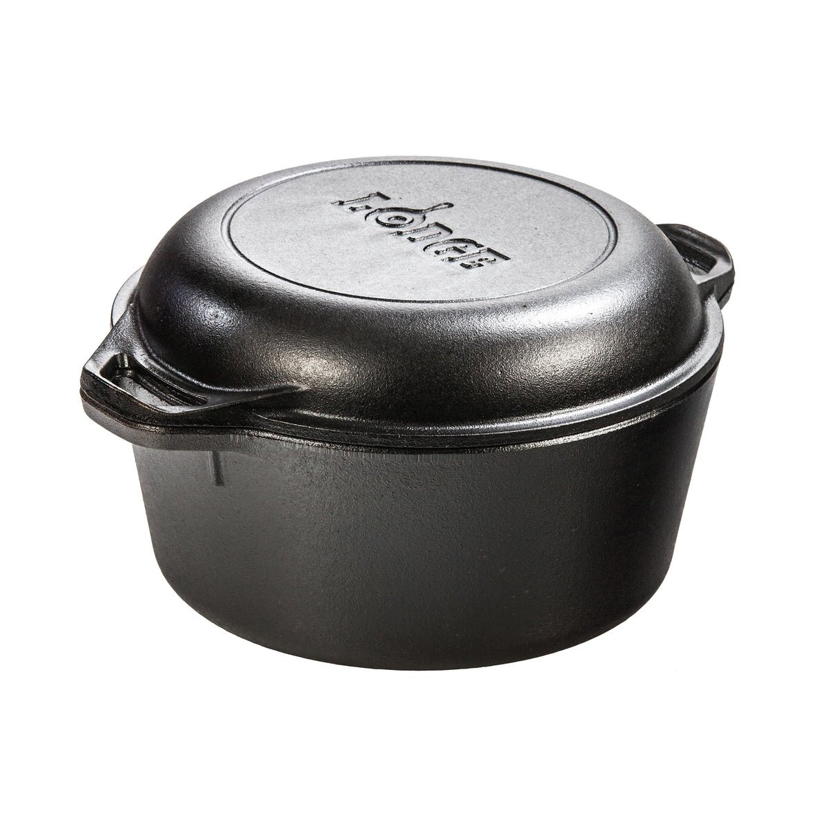 Lodge Double Dutch Oven vista frontal y diseño robusto, cocción versátil
