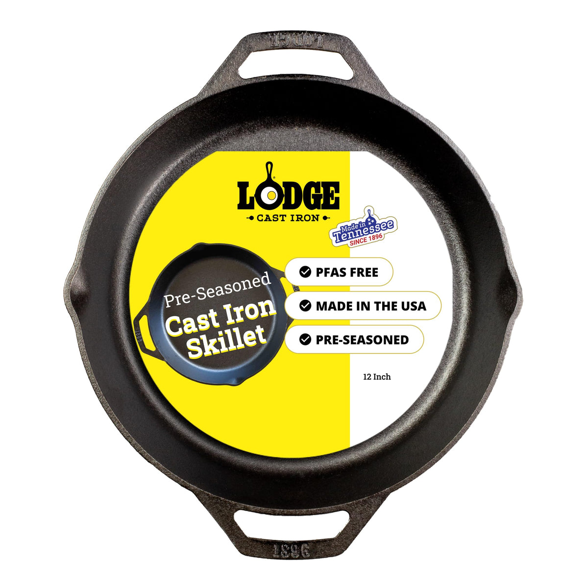 Lodge frontal de la sartén de 12 pulgadas mostrando acabado pre-sazonado y durabilidad