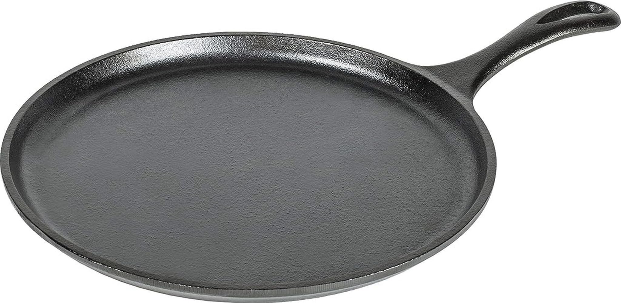 Lodge round griddle front view showing smooth seasoned surface and benefit of ready-to-use cooking